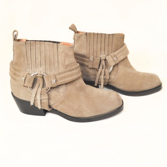 New DIESEL Taupe Suede Square Toe Harness Western Ankle Boots Size 5 - Picture 4 of 8